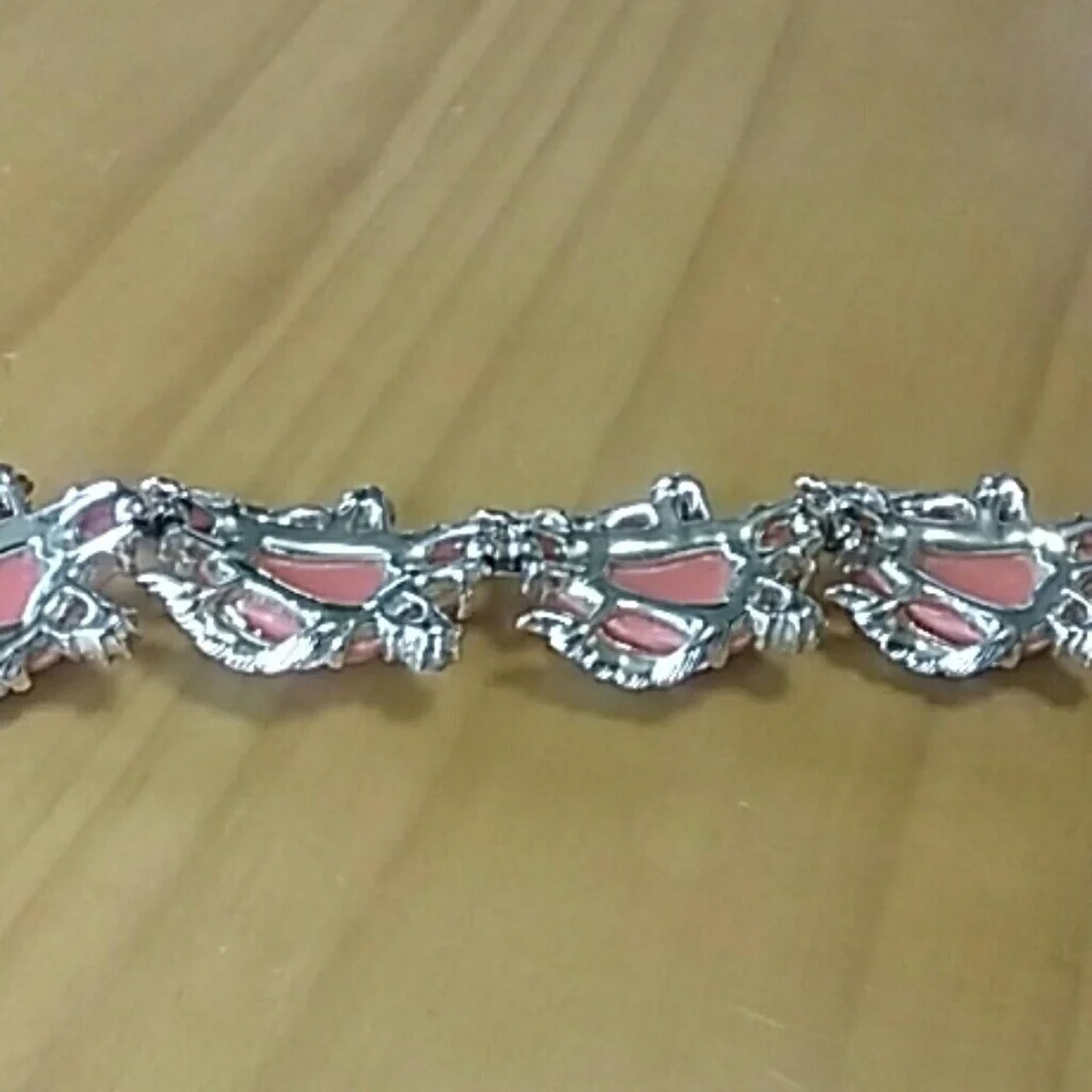 Vintage Unique Bracelet Coral Resin Stones With Pearl And Silver Accents